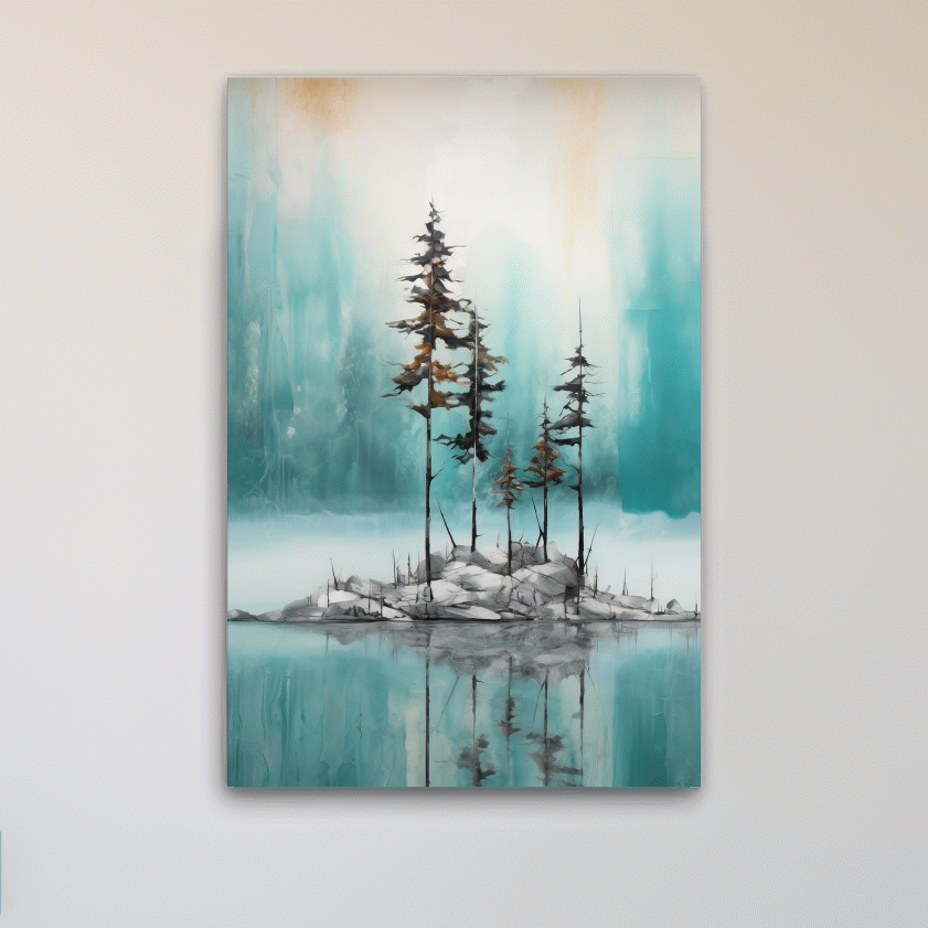 Abstract painting of trees by an alpine lake
