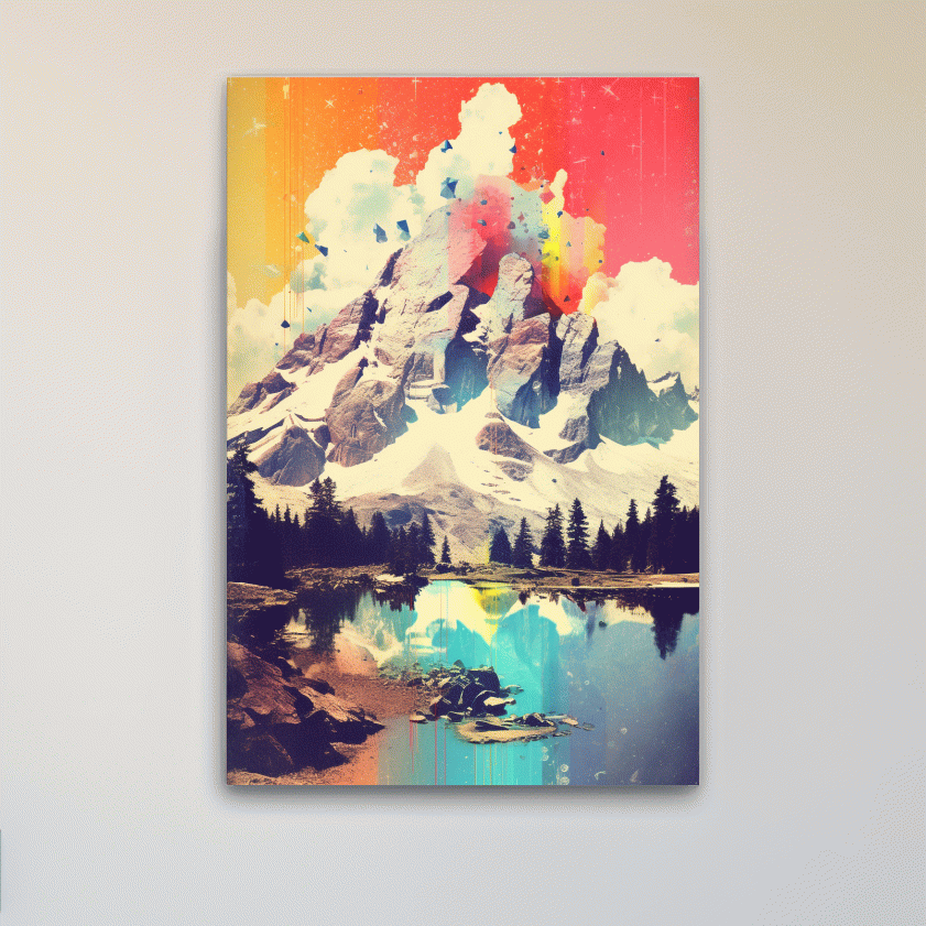 Vibrant Abstract Mountain Lake Painting - Colorful Alpine Landscape Wall Art