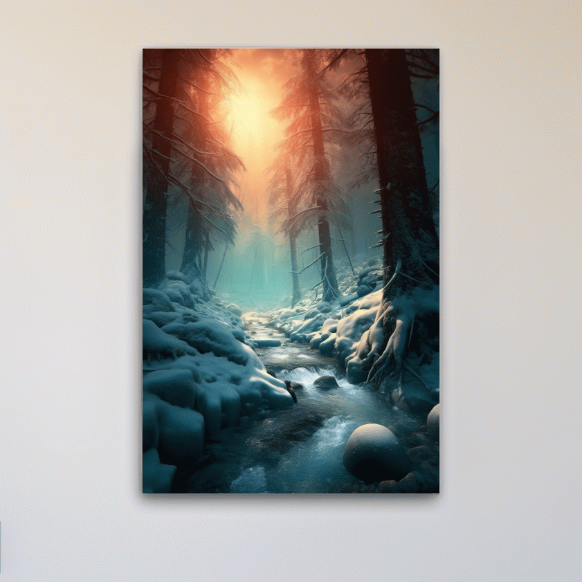 Misty Winter Forest Stream At Sunrise - Photographic Landscape Wall Art
