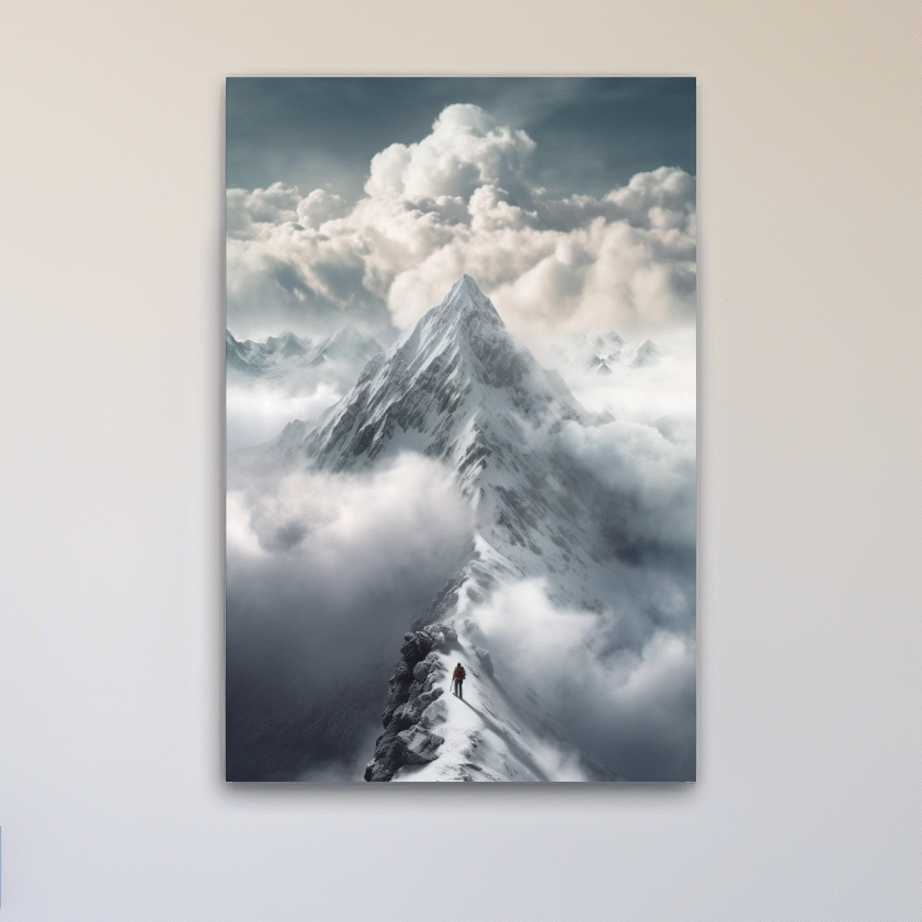 Painting of a person approaching the summit of a snowy mountain