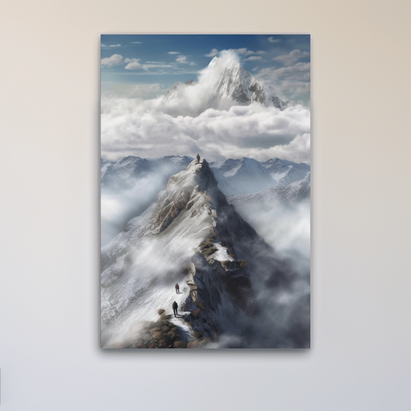 Painting of adventurers hiking up a ridge