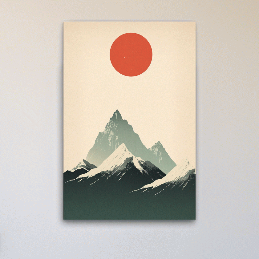 Japandi style minimalistic art of the sun over snow capped mountains