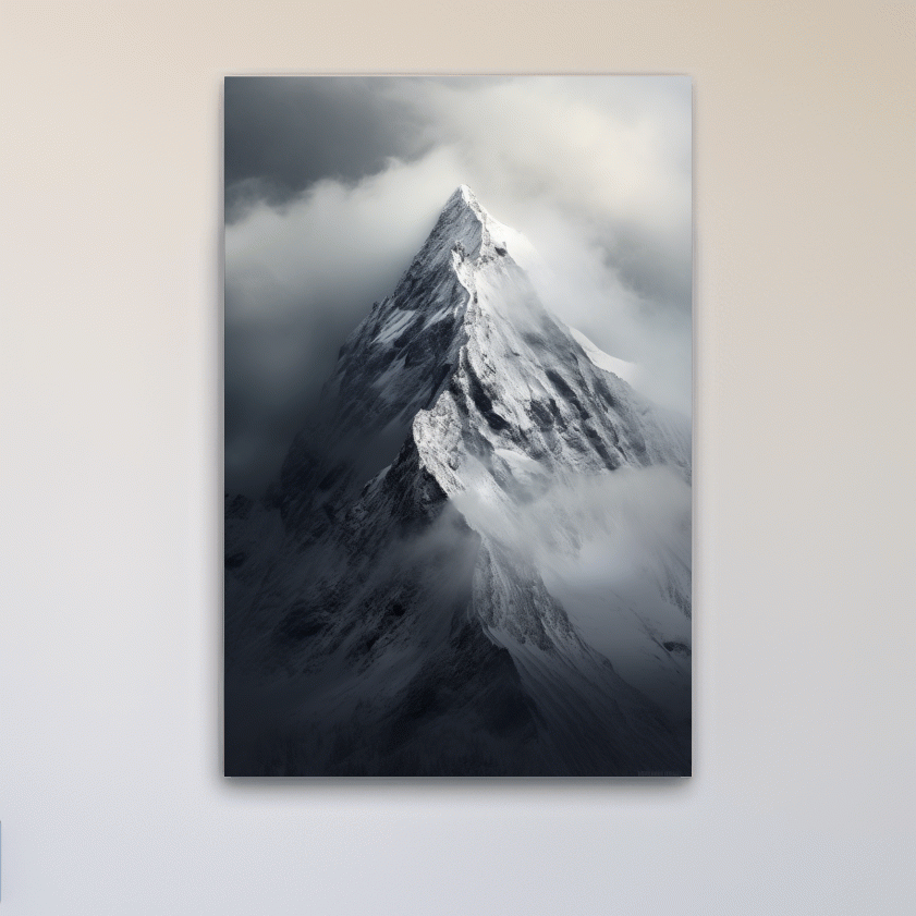 Photographic art, ominous snowy peak in the clouds