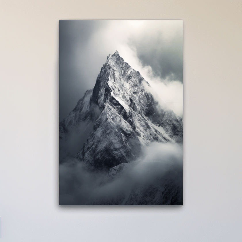 Photographic art, ominous snow capped mountain in the clouds