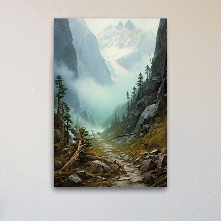 Painting of a foggy alpine scene