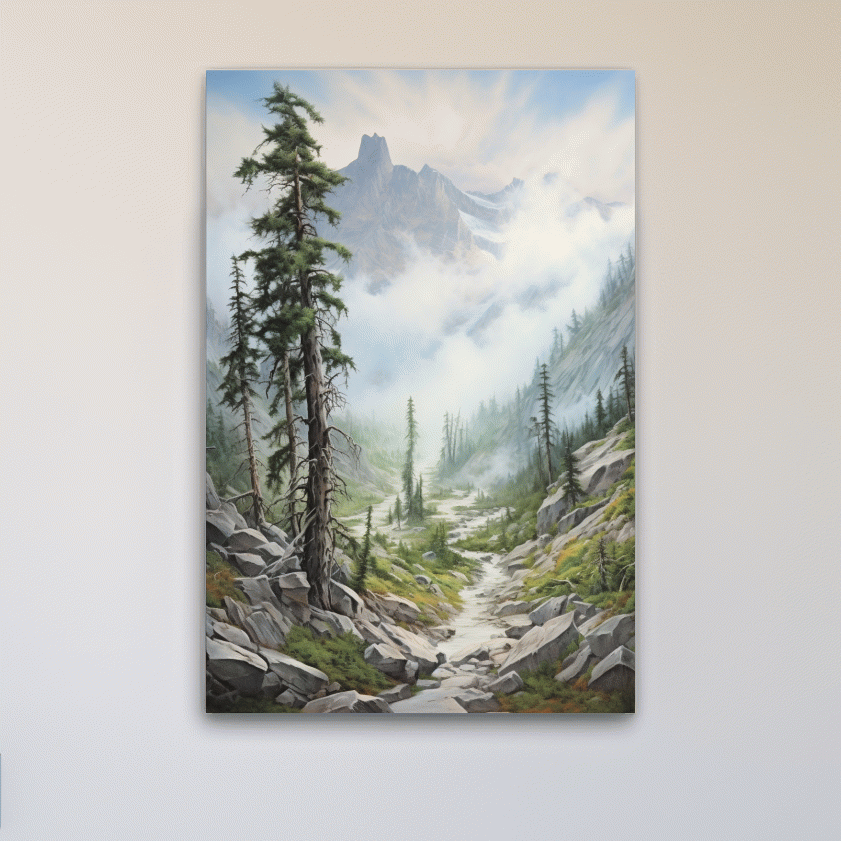 Painting of a trail leading into a foggy alpine scene