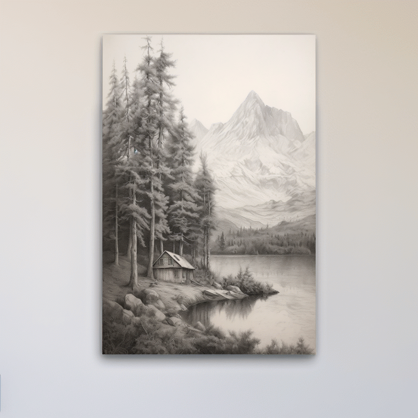 Lead pencil drawing of a cabin by an alpine lake