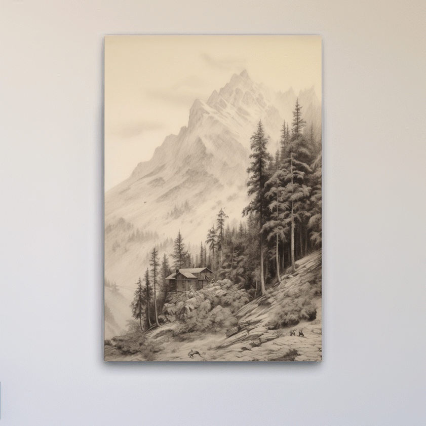 Lead pencil drawing of a cabin by a glacier