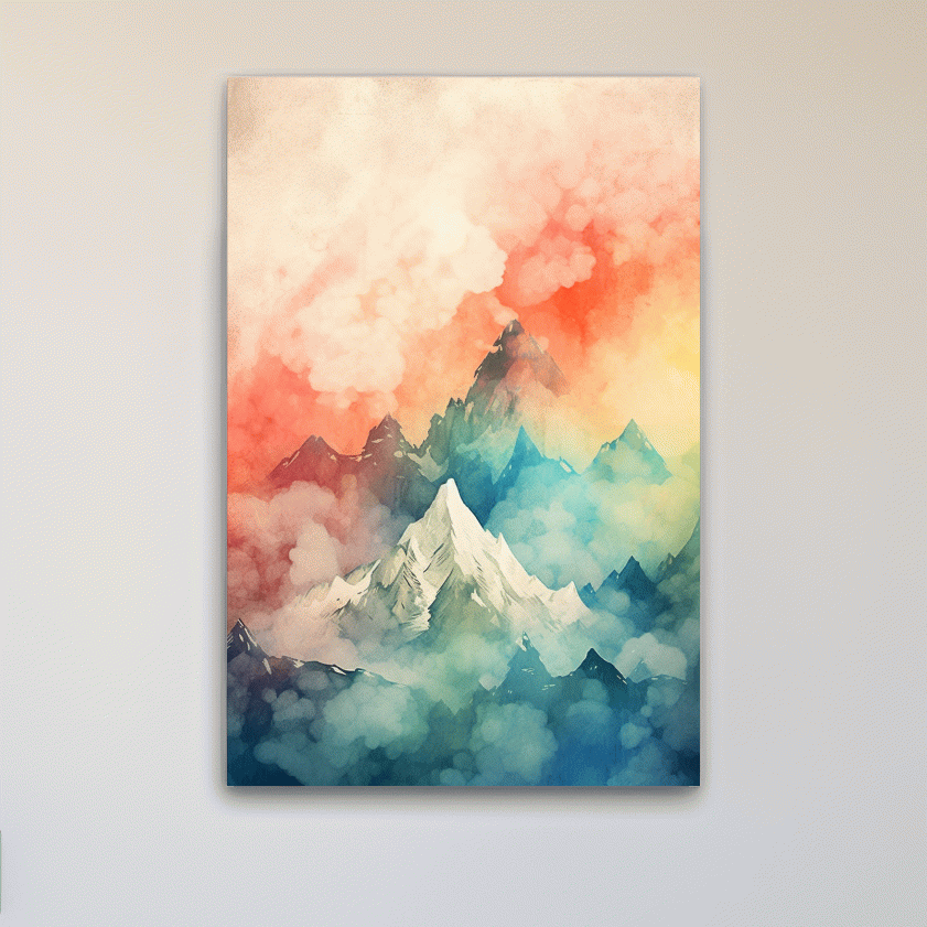 Colourful watercolour painting of a mountain landscape