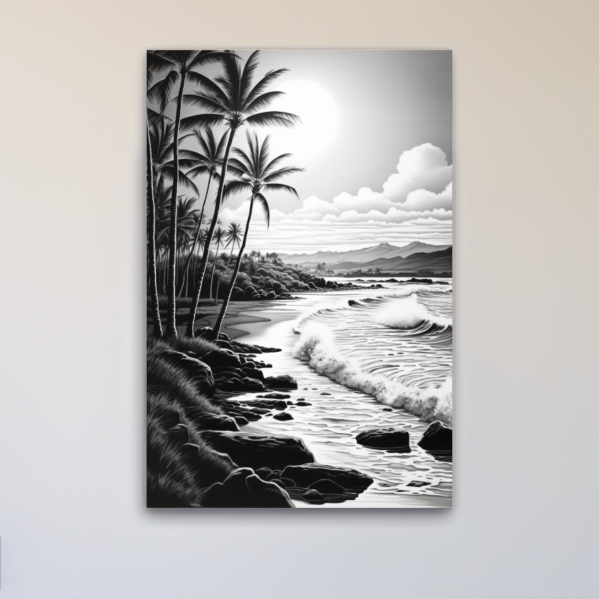 Black and white drawing of a tropical beach mountain scene