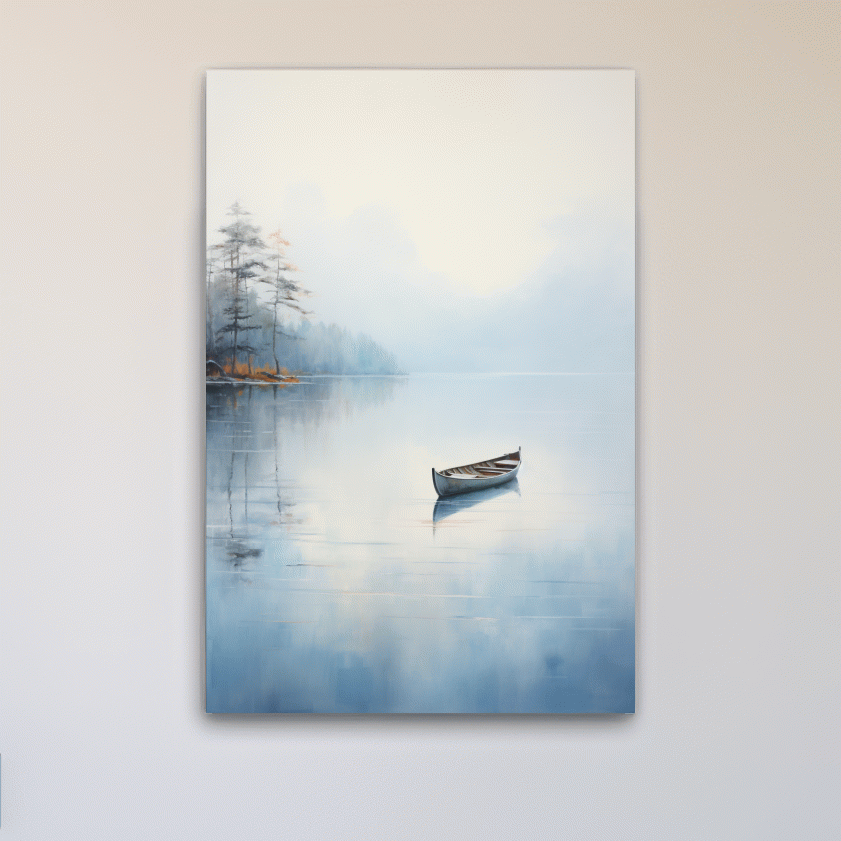 Watercolor painting, canoe on a misty lake