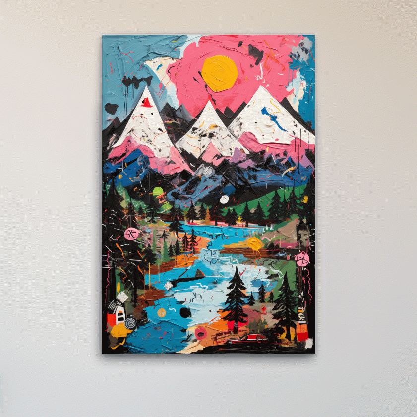 Bold abstract painting of an alpine mountain scene