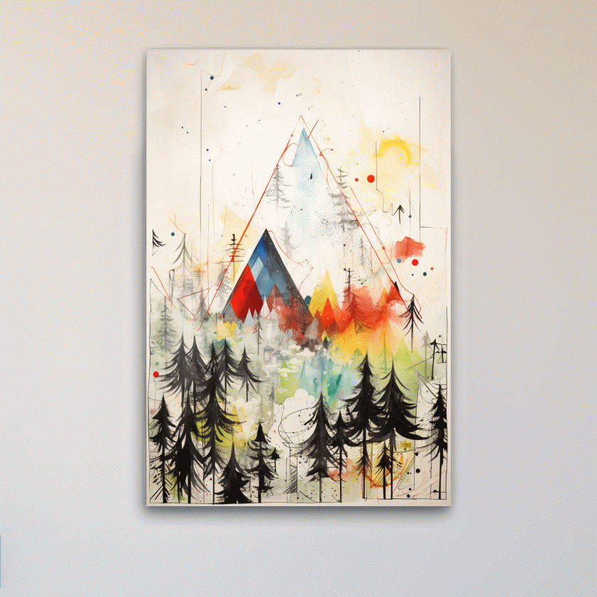 Simple low colour abstract painting, mountains and trees