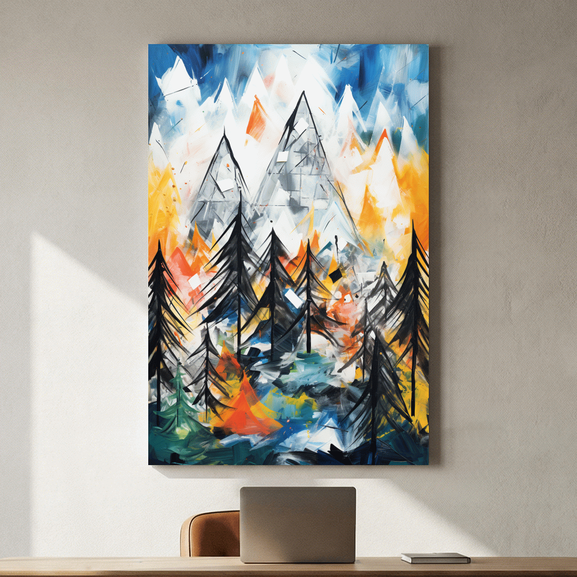 Abstract Alpine Mountain Peaks Painting - Colorful Energetic Pine Forest Landscape Wall Art