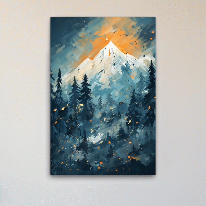 Abstract Snowy Mountain Peak Sunset - Moody Pine Forest Painting Wall Art
