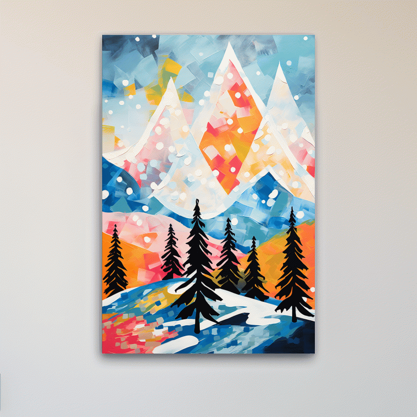 Simple colourful abstract painting of a snowy mountain scene
