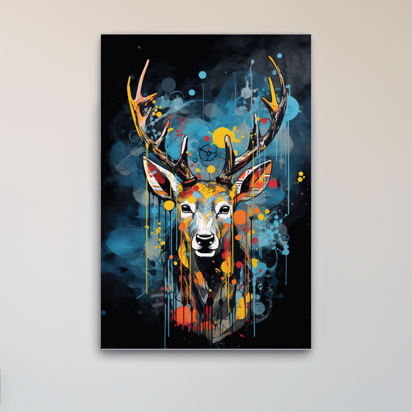 Deer head painting in a graffiti dripping style