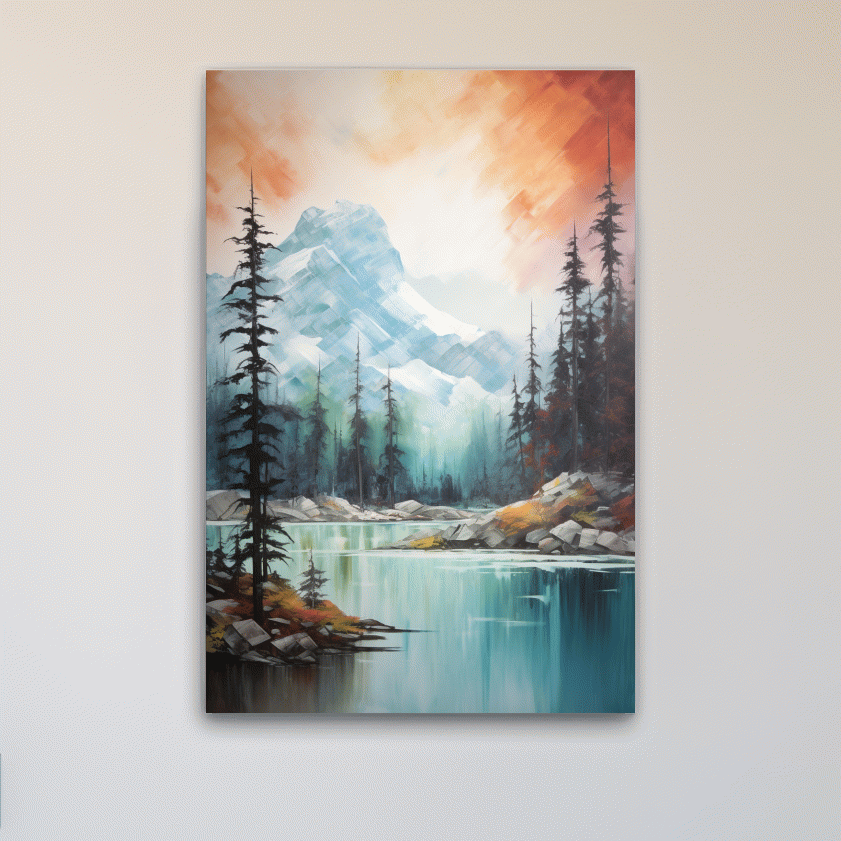 Beautiful mountain painting, turquoise lake in the alpine at sunset