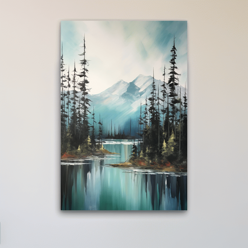 Serene mountain painting, turquoise lake in the alpine