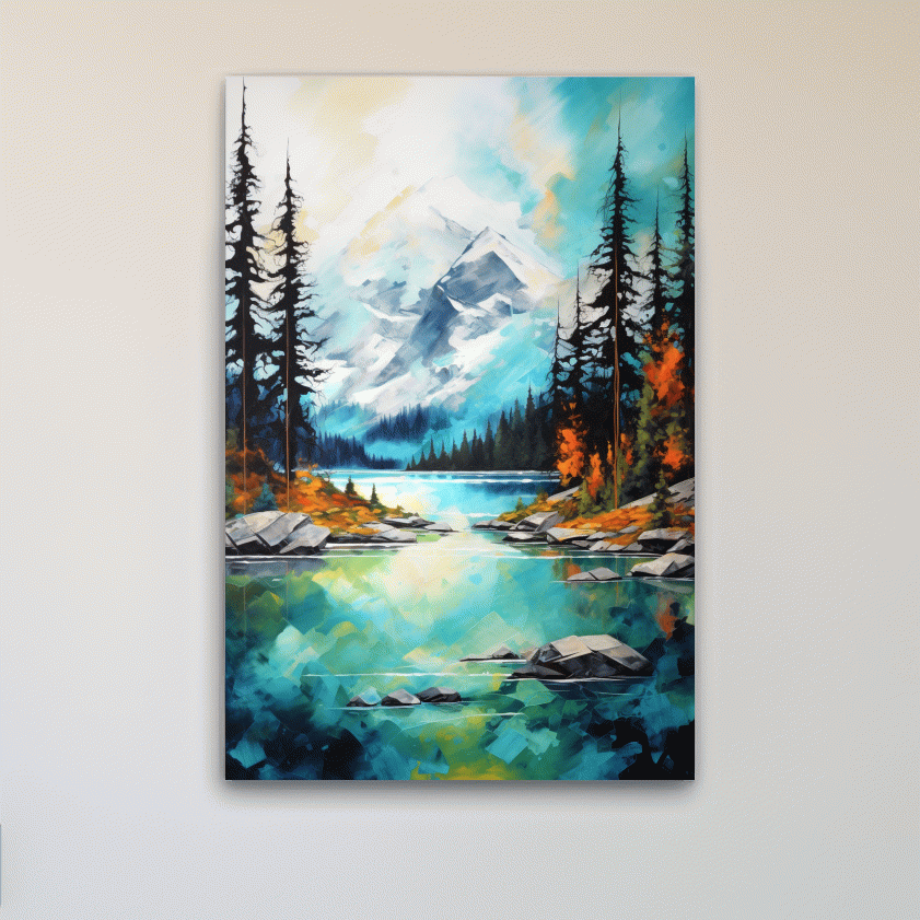 Torquoise alpine lake painting in the fall