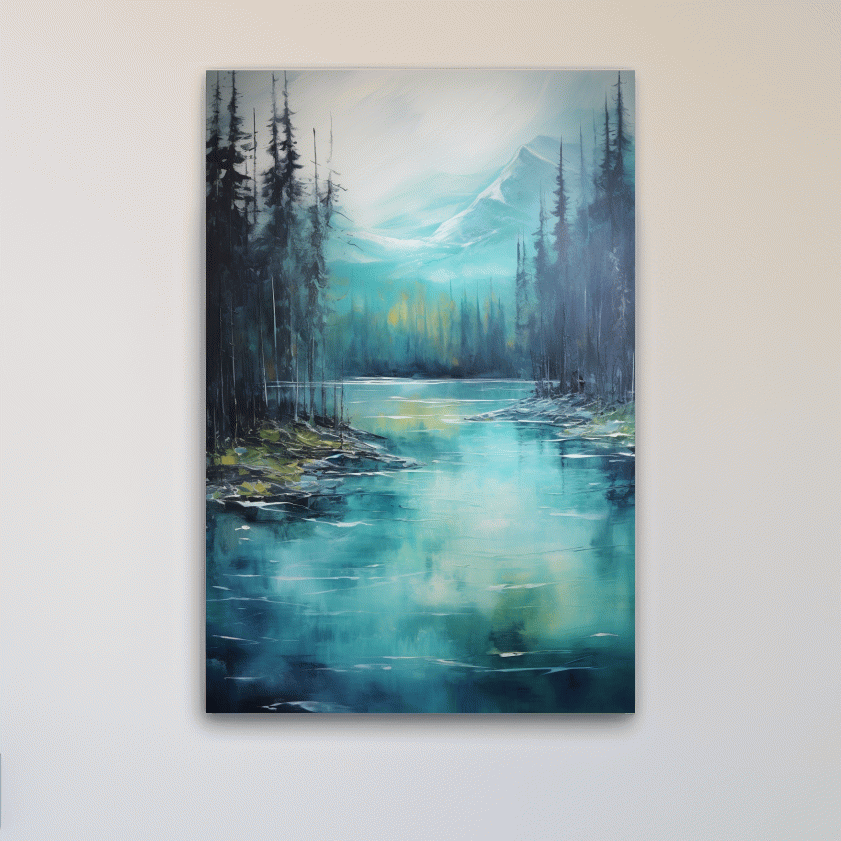 Misty Mountain Lake Reflection - Serene Forest Oil Panting Wall Art