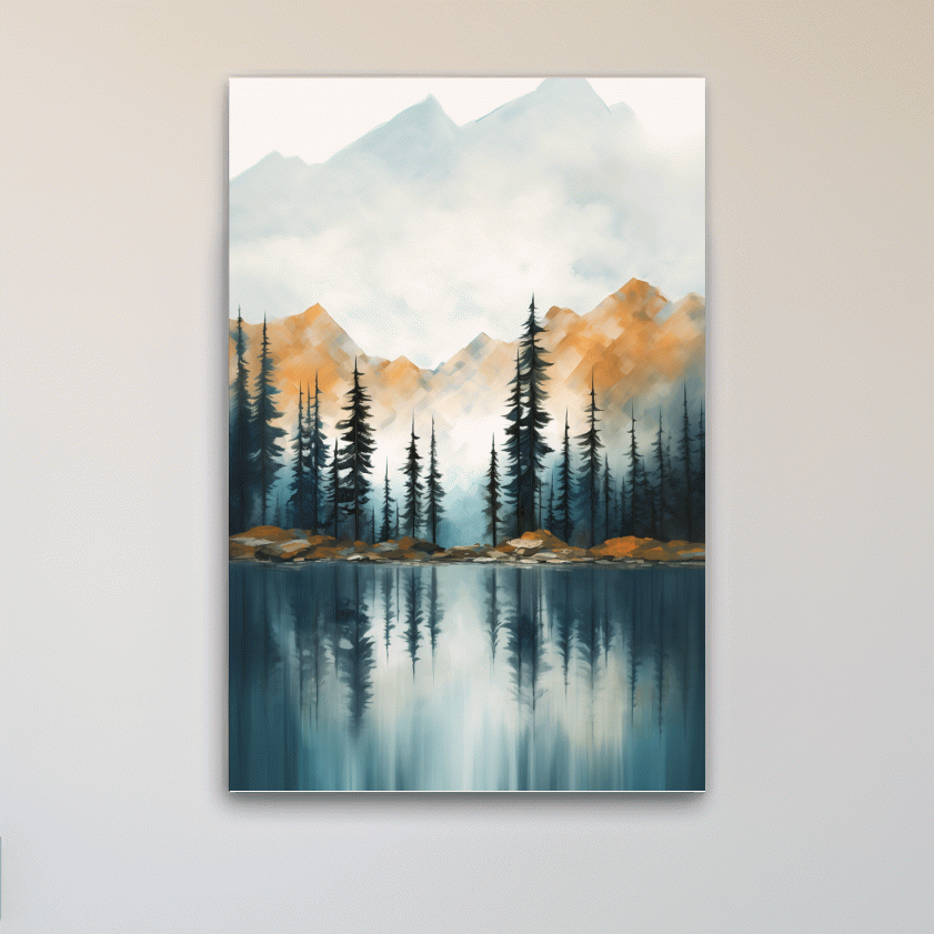 Trees on a beautiful alpine lake, mountain scenery painting