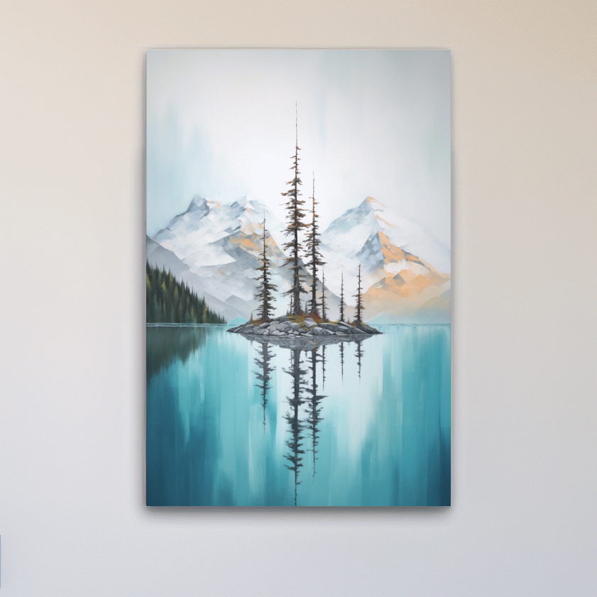 Painting of trees in a turquoise alpine lake