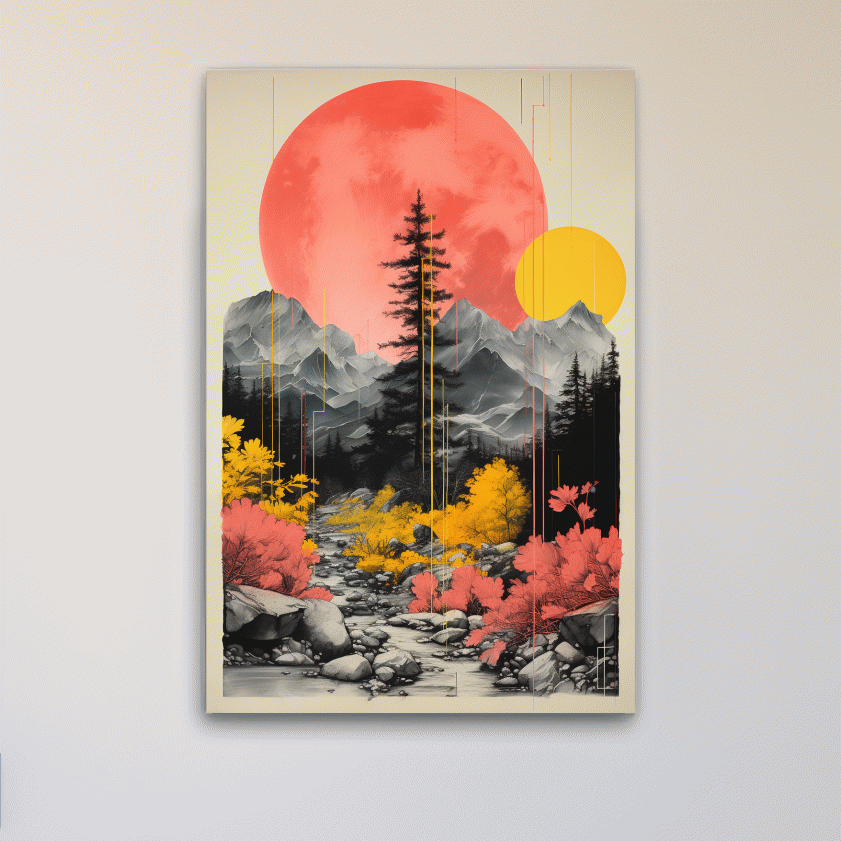 Pink and yellow contrasting artwork, alpine mountain scene