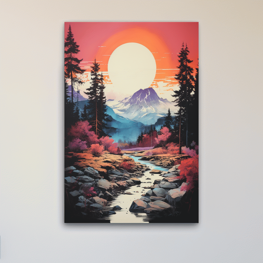 Colorful alpine scene at sunset, illustration