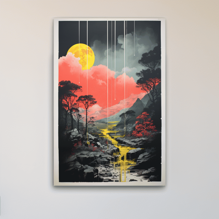 Surreal Moonlit Mountain River Landscape - Fantasy Nature Wall Art