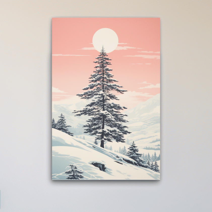 Minimal art, snow covered pine tree at sunset