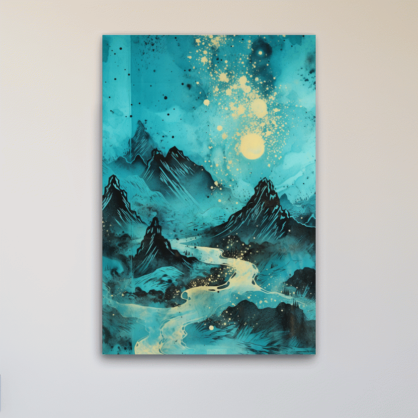 Abstract painting of a river through the mountains