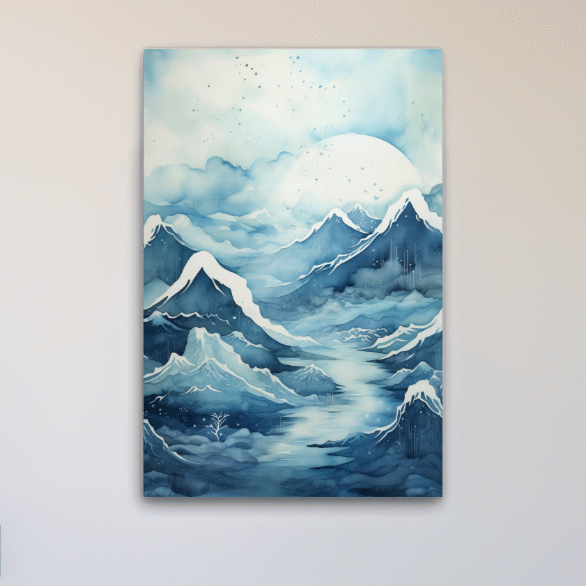 Watercolour painting, subtle blue snowy mountain peaks