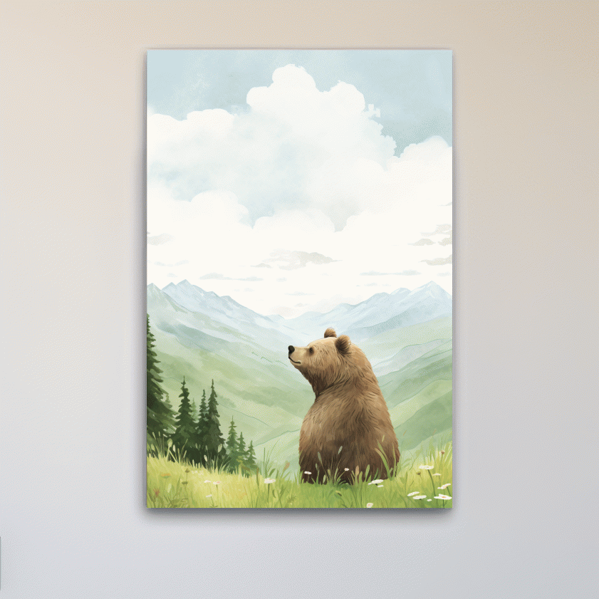 Illustration of a happy bear sitting in the grass