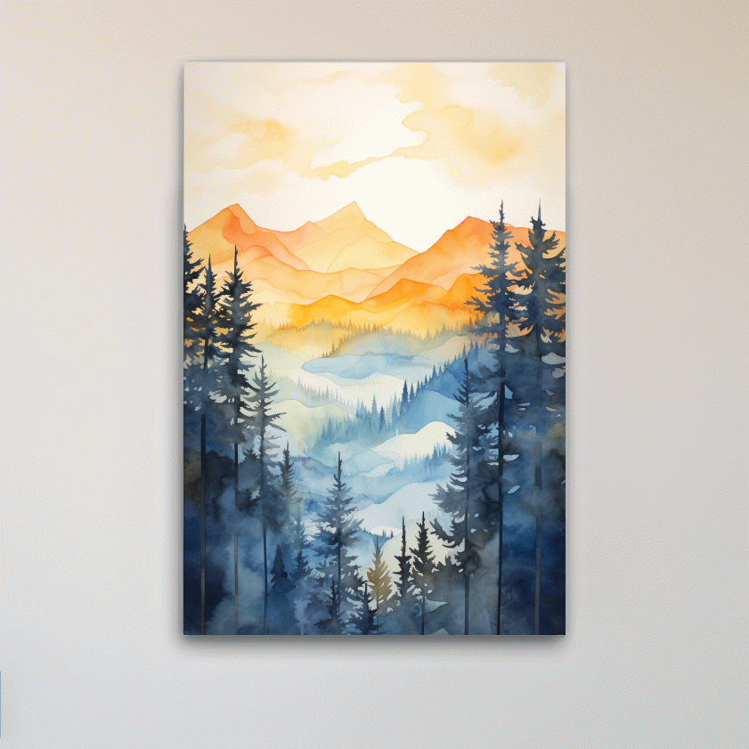 Simple watercolor art painting of alpine mountain scenery