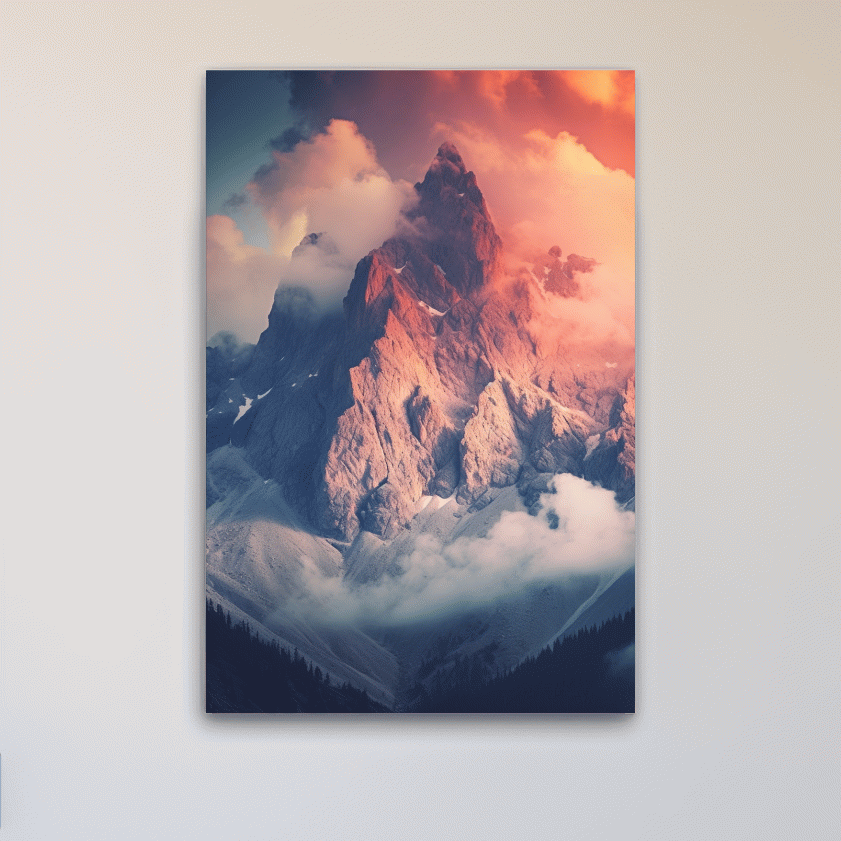 Dramatic mountain peak in colorful clouds, photographic art