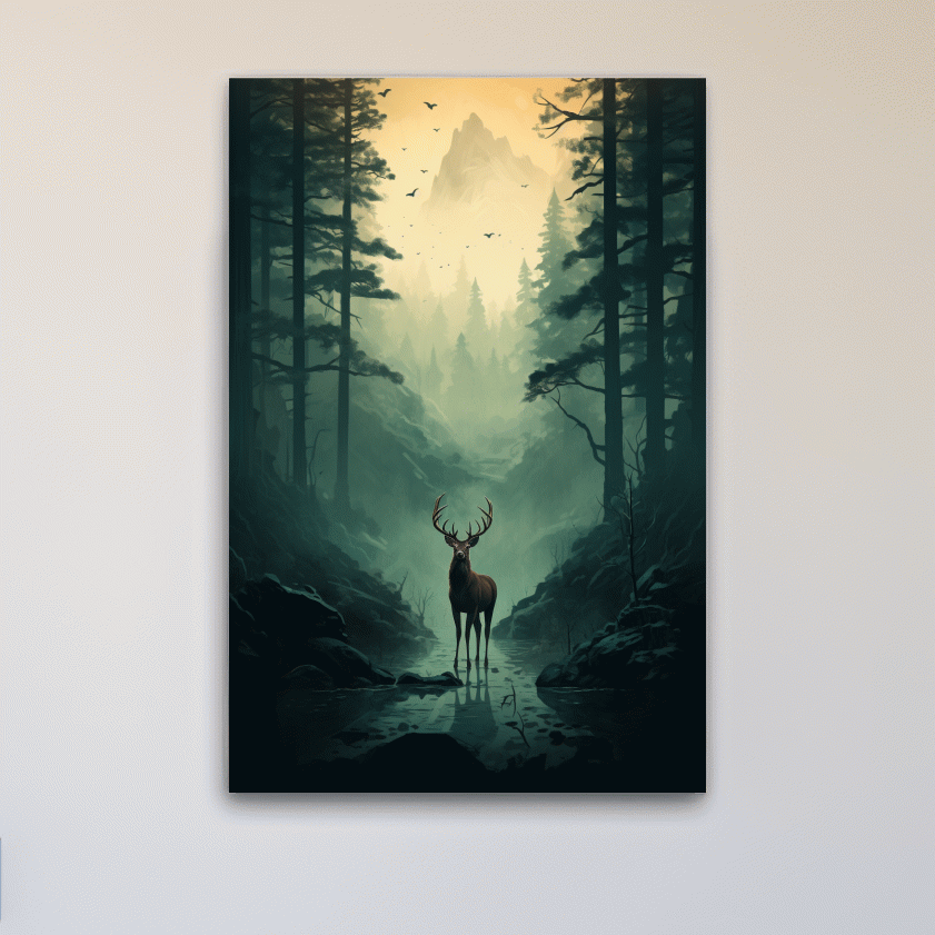 Moody Misty Forest Deer Stag Landscape - Atmospheric Wildlife Mountain Wall Art