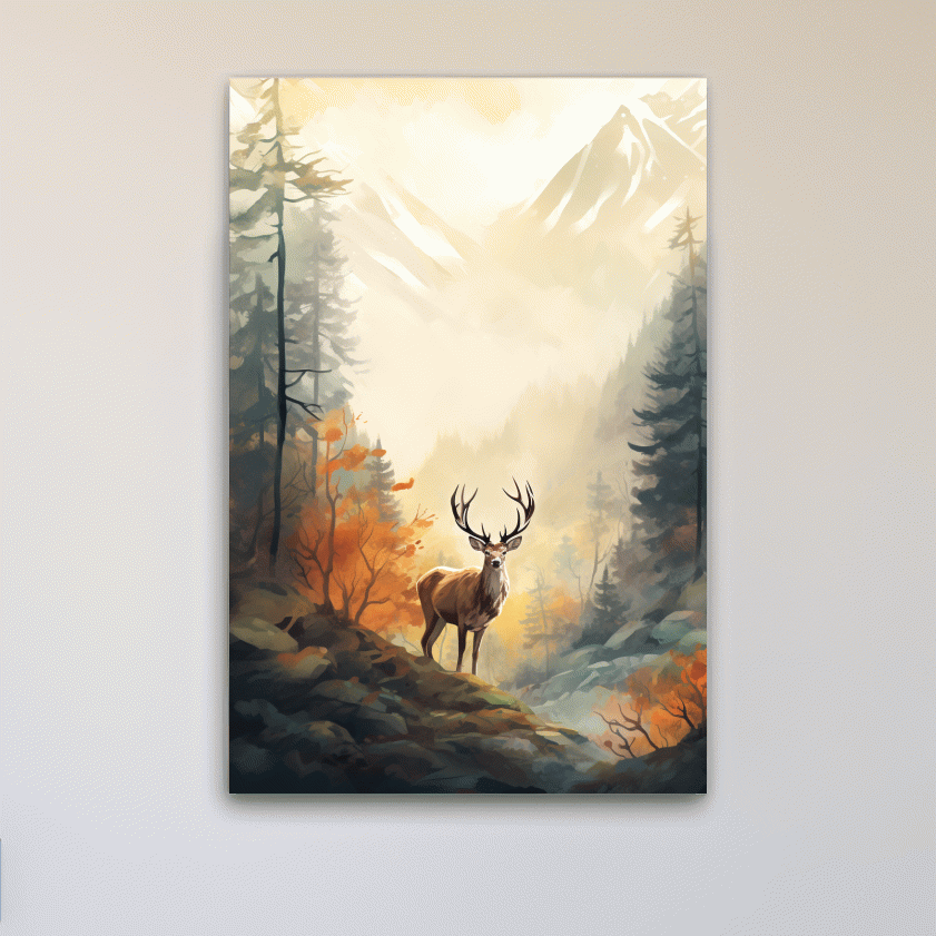 Painting of a deer standing in an autumn forest