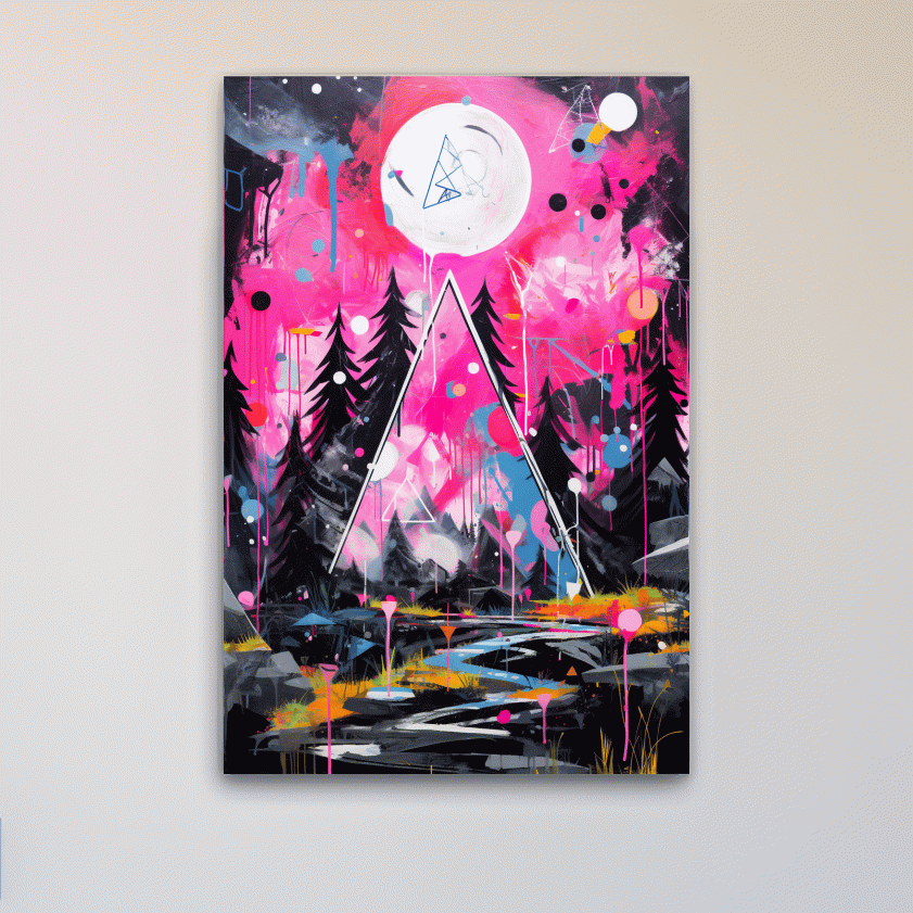 Pink and black abstract energetic art of a forest