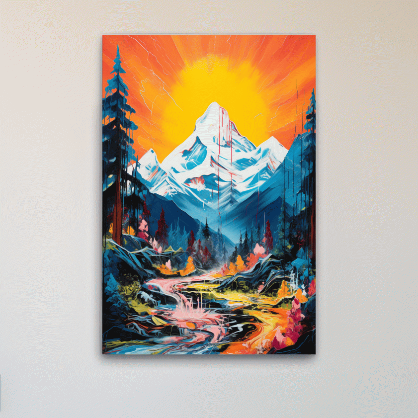 Vibrant painting of sunset over a glacier