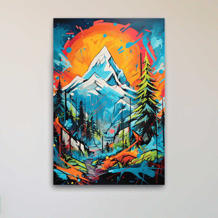 Graffitti inspired art of sunset over a glacier, vibrant wall art