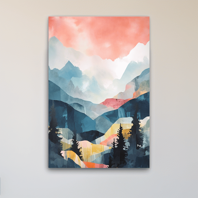 Abstract pastel painting - mountains and trees at sunset