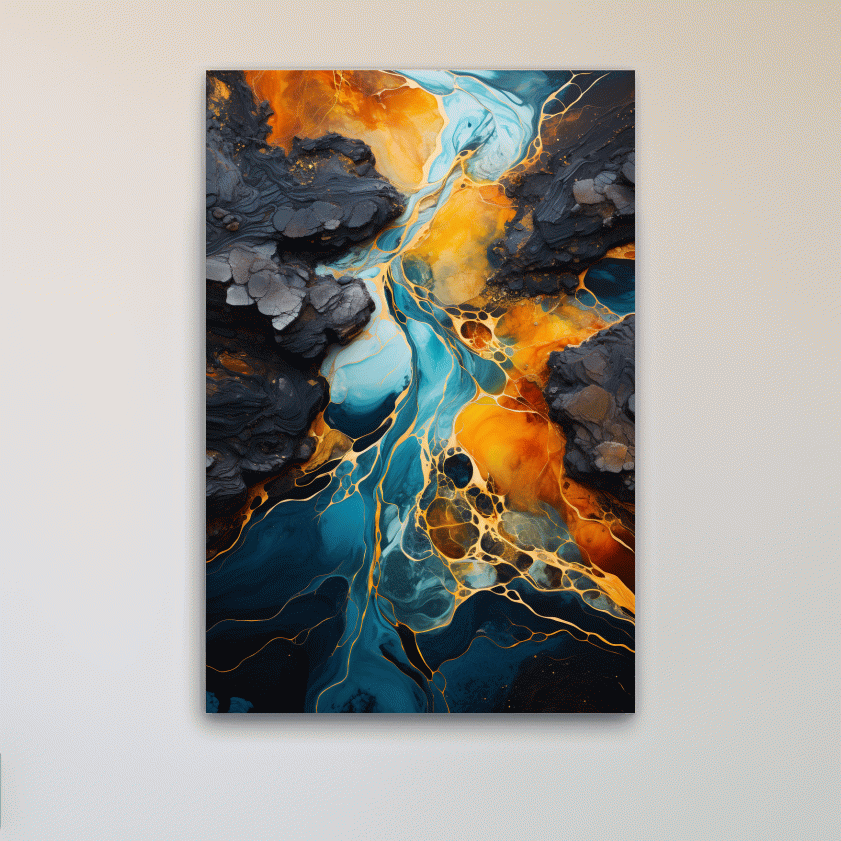 Elegant Gold And Teal Abstract Flowinf River - Alcohol Ink Style Wall Art