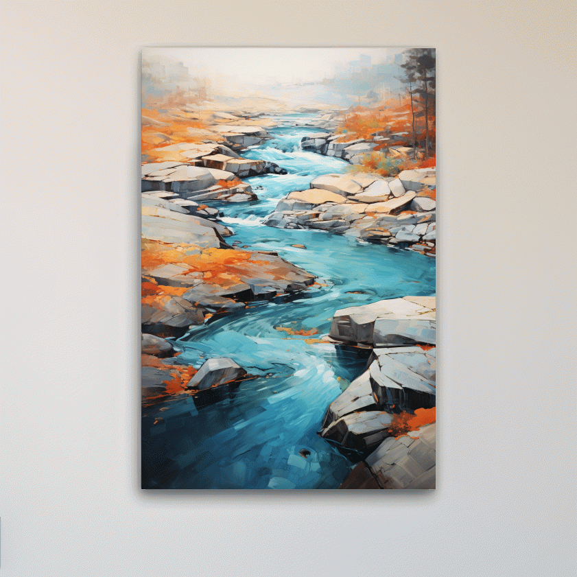 Serene painting of a river flowing through the rocks in fall