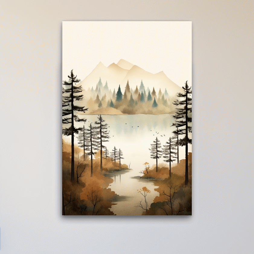 Watercolour landscape art, lakeside forest scenery in fall