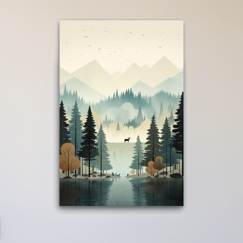 Alpine Lake Forest With Deer - Scandinavian Minimalist Wall Art