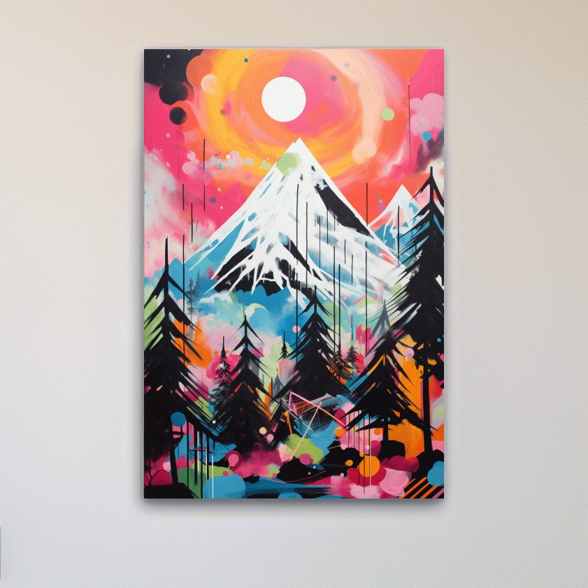 Vibrant energetic arcylic painting, glacier at sunset