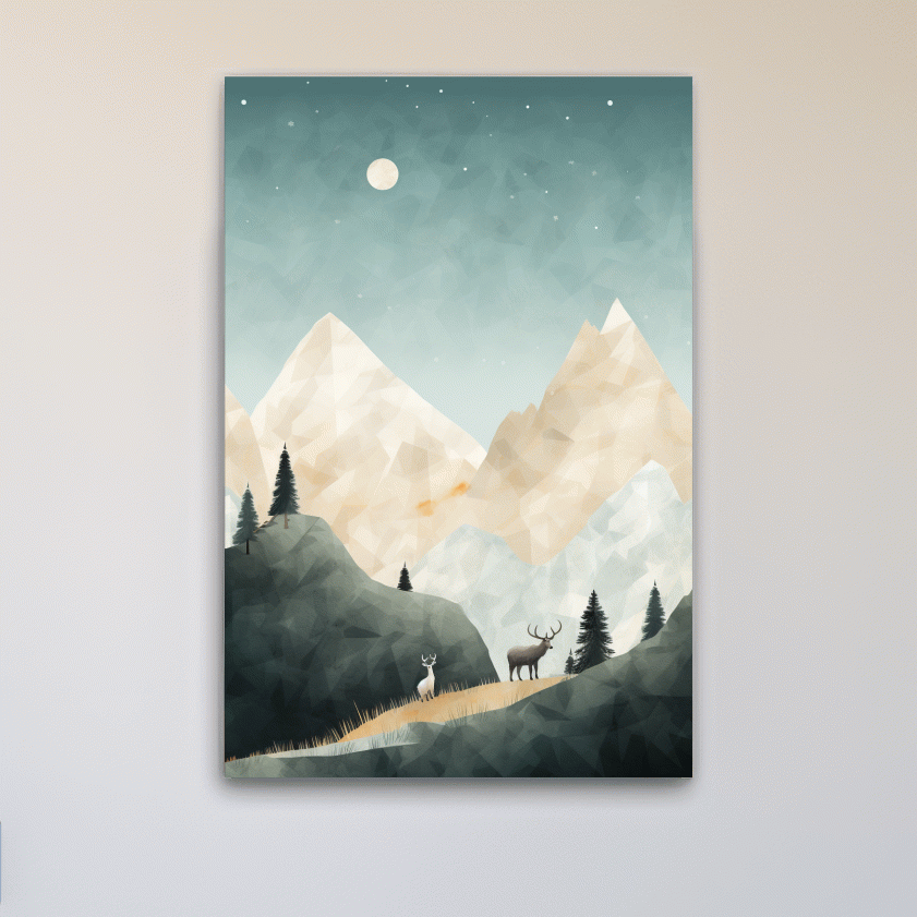 Textured minimal illustration, deers in the forest under the night sky