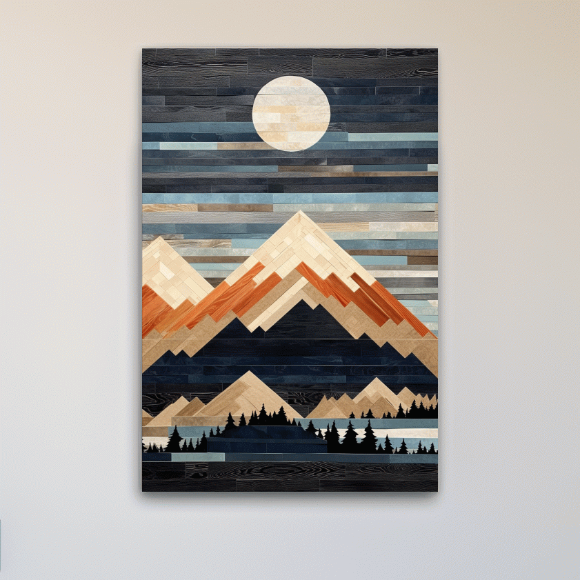 Wooden panel art, painted wood mountains under the night sky
