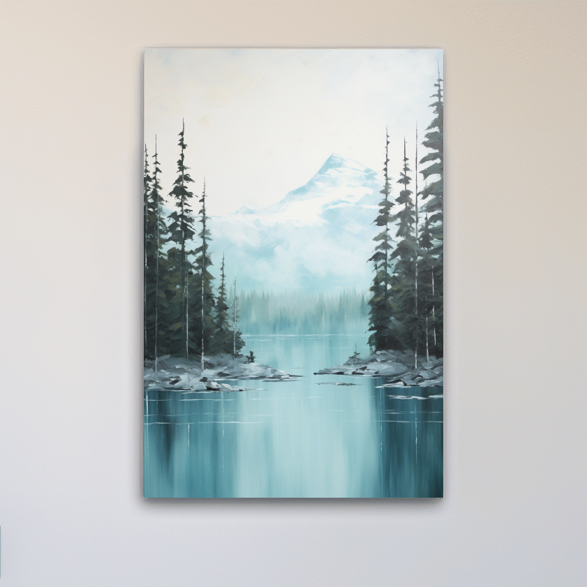 Serene painting of a turquoise Canadian alpine lake